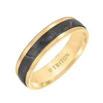 HORUS Step Edge Meteorite Top Contemporary 14K Yellow Gold Wedding Band - 5.5mm