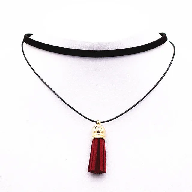 Hot Fashion Collar Torques Statement Pure Black Velvet Leather Tassel Pendant Multilayer Chokers Necklace For Women 2017 Jewelry