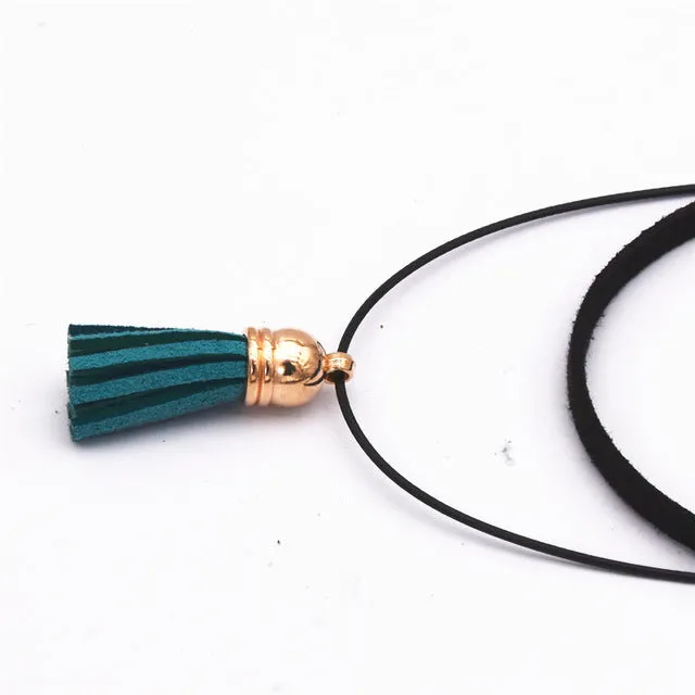 Hot Fashion Collar Torques Statement Pure Black Velvet Leather Tassel Pendant Multilayer Chokers Necklace For Women 2017 Jewelry