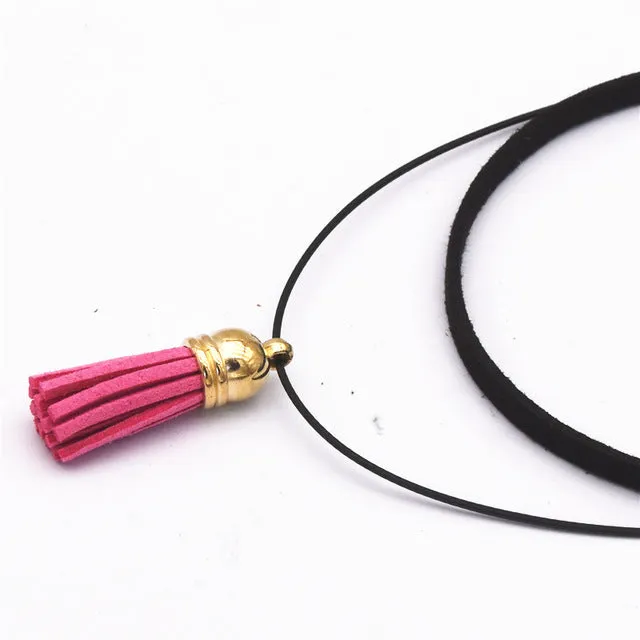 Hot Fashion Collar Torques Statement Pure Black Velvet Leather Tassel Pendant Multilayer Chokers Necklace For Women 2017 Jewelry