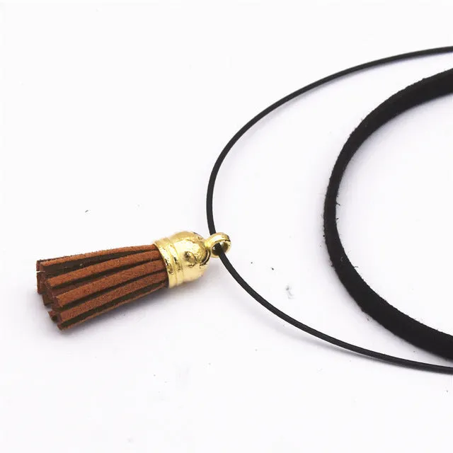 Hot Fashion Collar Torques Statement Pure Black Velvet Leather Tassel Pendant Multilayer Chokers Necklace For Women 2017 Jewelry