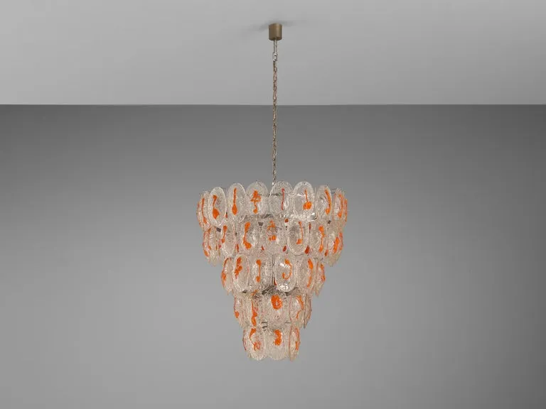 Italian Chandelier in Structured Glass with Orange Detailing