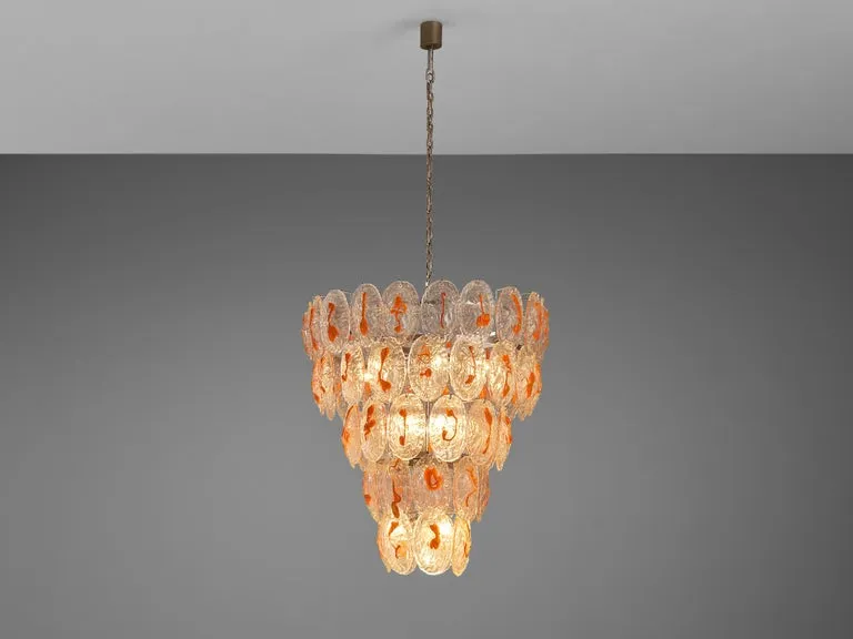 Italian Chandelier in Structured Glass with Orange Detailing