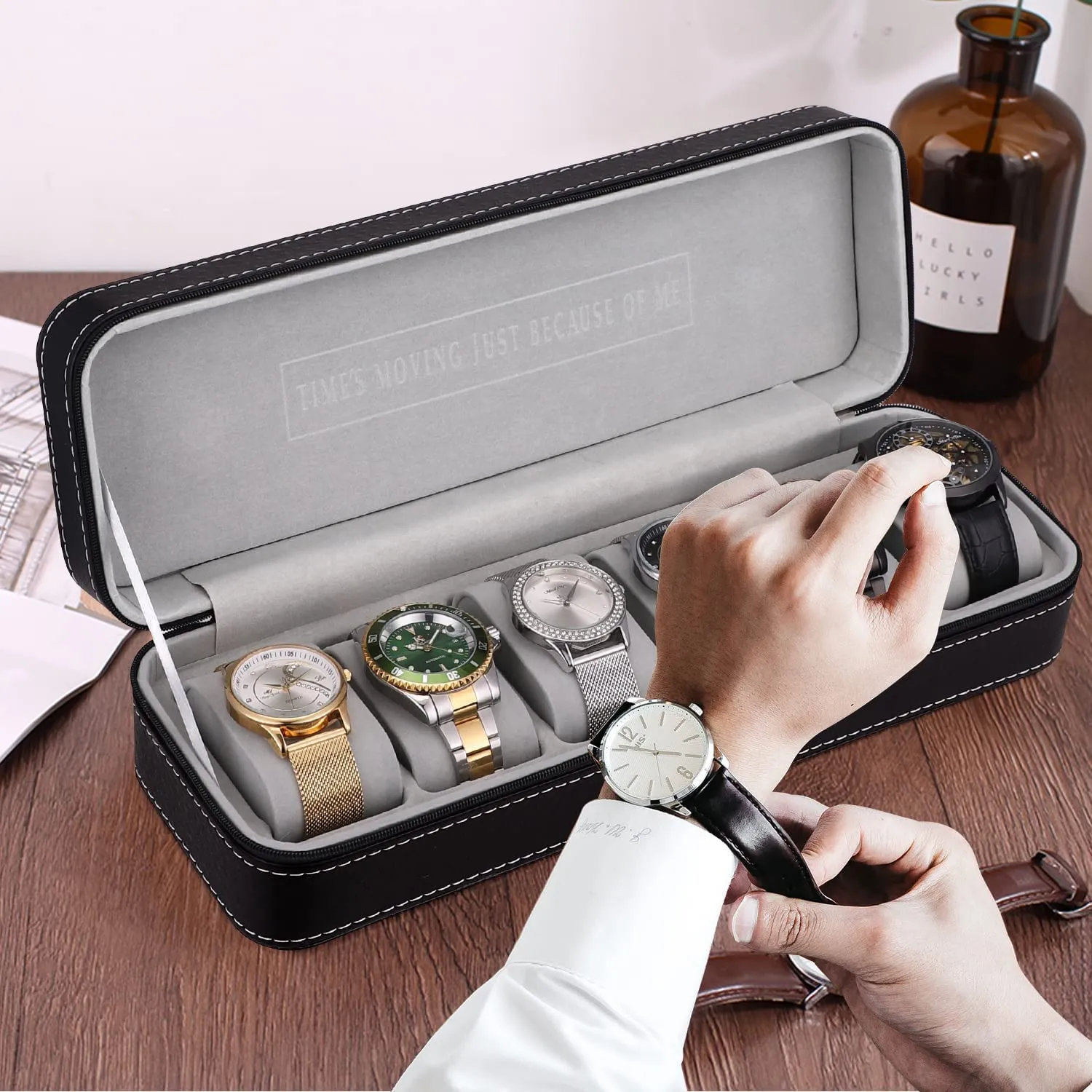 KriShyam®  6-slot Watch Box Portable Travel Zipper Case Storage Jewelry Storage Box Display Box with Watch Cloth,PU Leather Watch Storage Box for Business Trips and Gifts (Black)