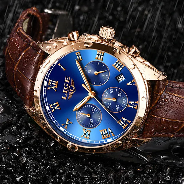 LIGE High End Luxury Mens Watch with Blue Face, 30M Waterproof