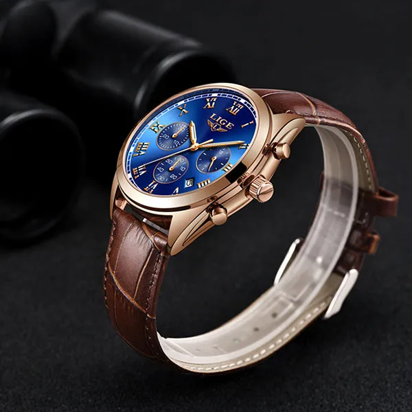 LIGE High End Luxury Mens Watch with Blue Face, 30M Waterproof