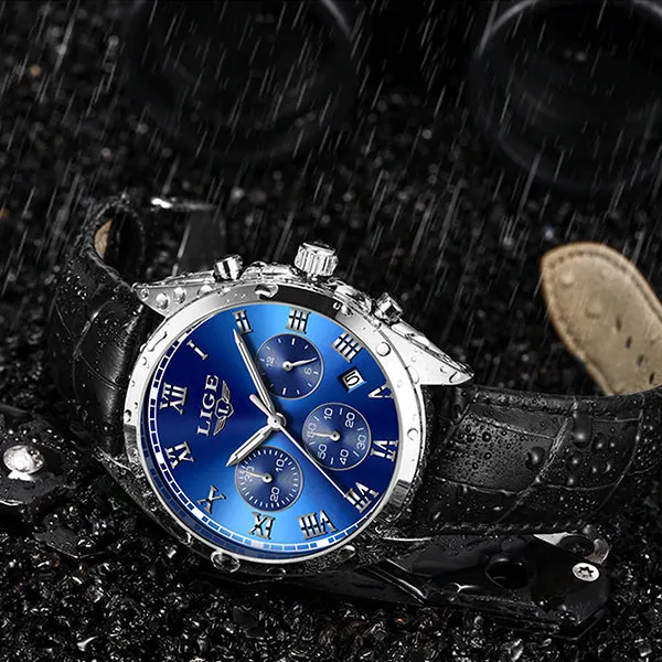 LIGE High End Luxury Mens Watch with Blue Face, 30M Waterproof