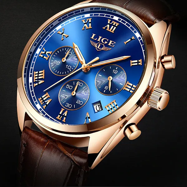 LIGE High End Luxury Mens Watch with Blue Face, 30M Waterproof