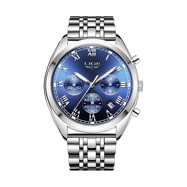 LIGE High End Luxury Mens Watch with Blue Face, 30M Waterproof