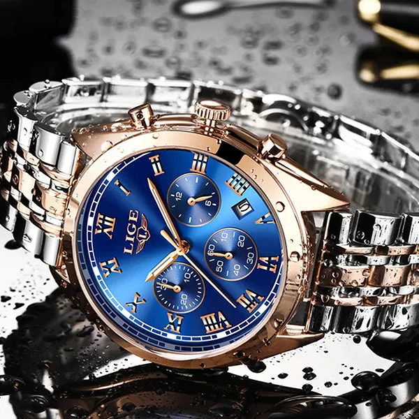 LIGE High End Luxury Mens Watch with Blue Face, 30M Waterproof