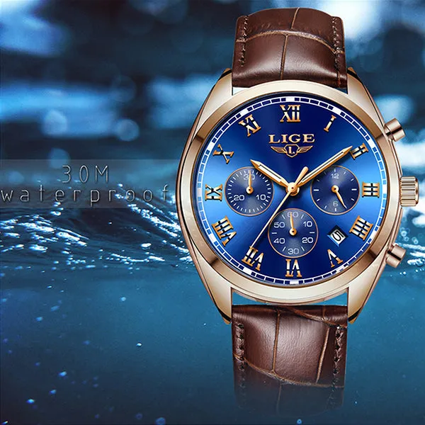 LIGE High End Luxury Mens Watch with Blue Face, 30M Waterproof