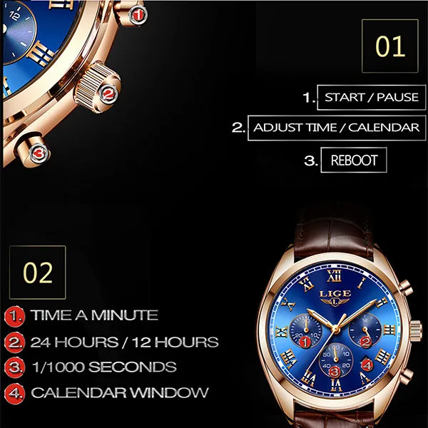 LIGE High End Luxury Mens Watch with Blue Face, 30M Waterproof