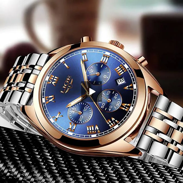 LIGE High End Luxury Mens Watch with Blue Face, 30M Waterproof