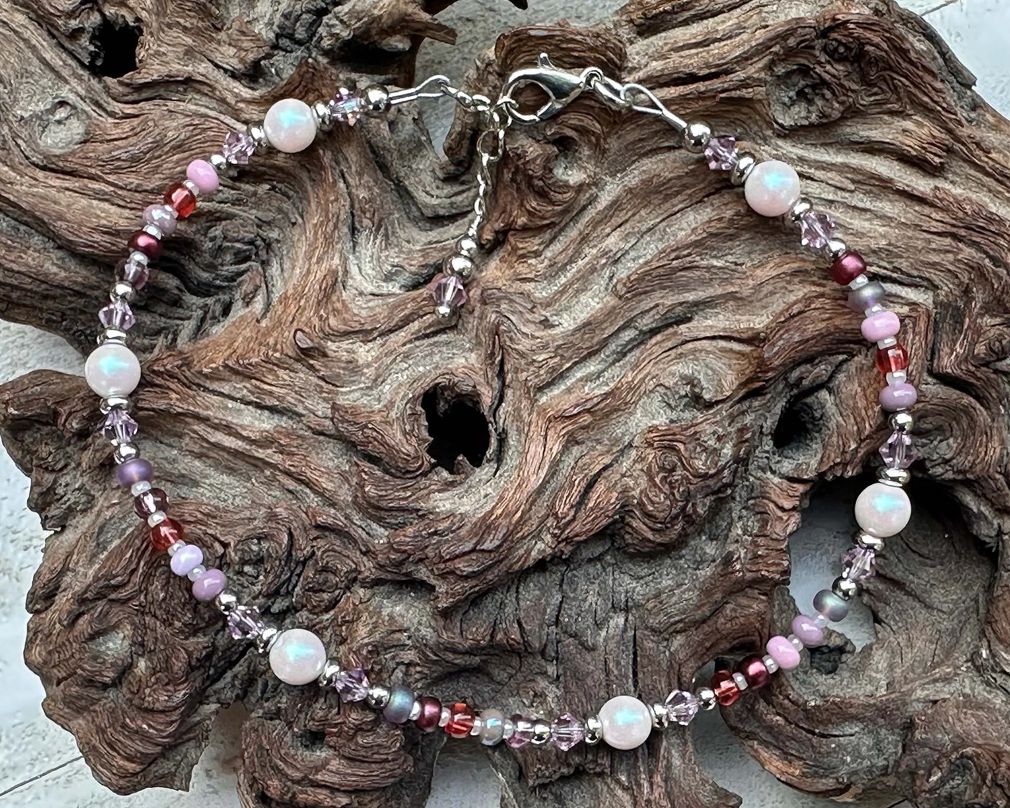 Mauve Pink Pearl Stainless Beaded Anklet