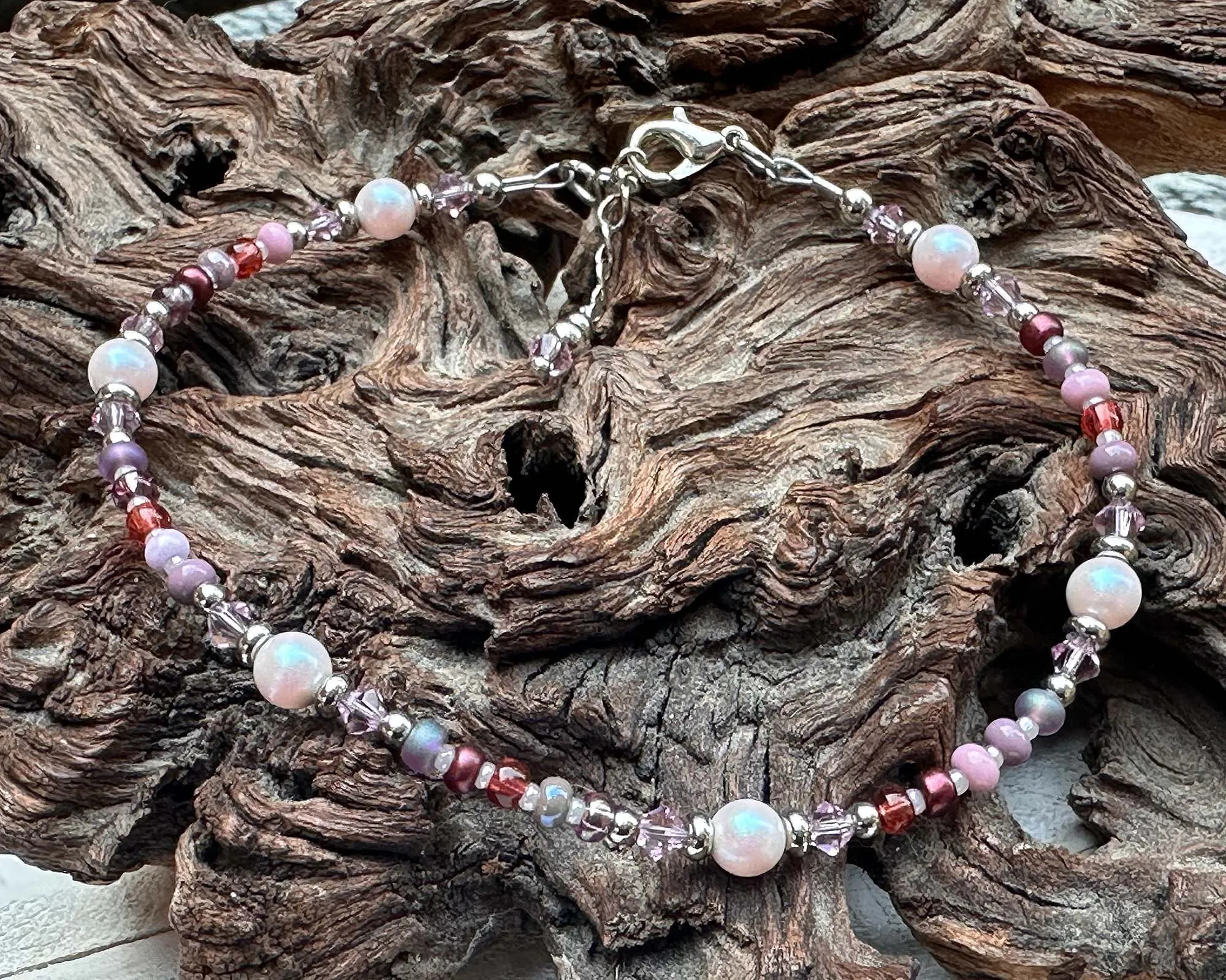 Mauve Pink Pearl Stainless Beaded Anklet