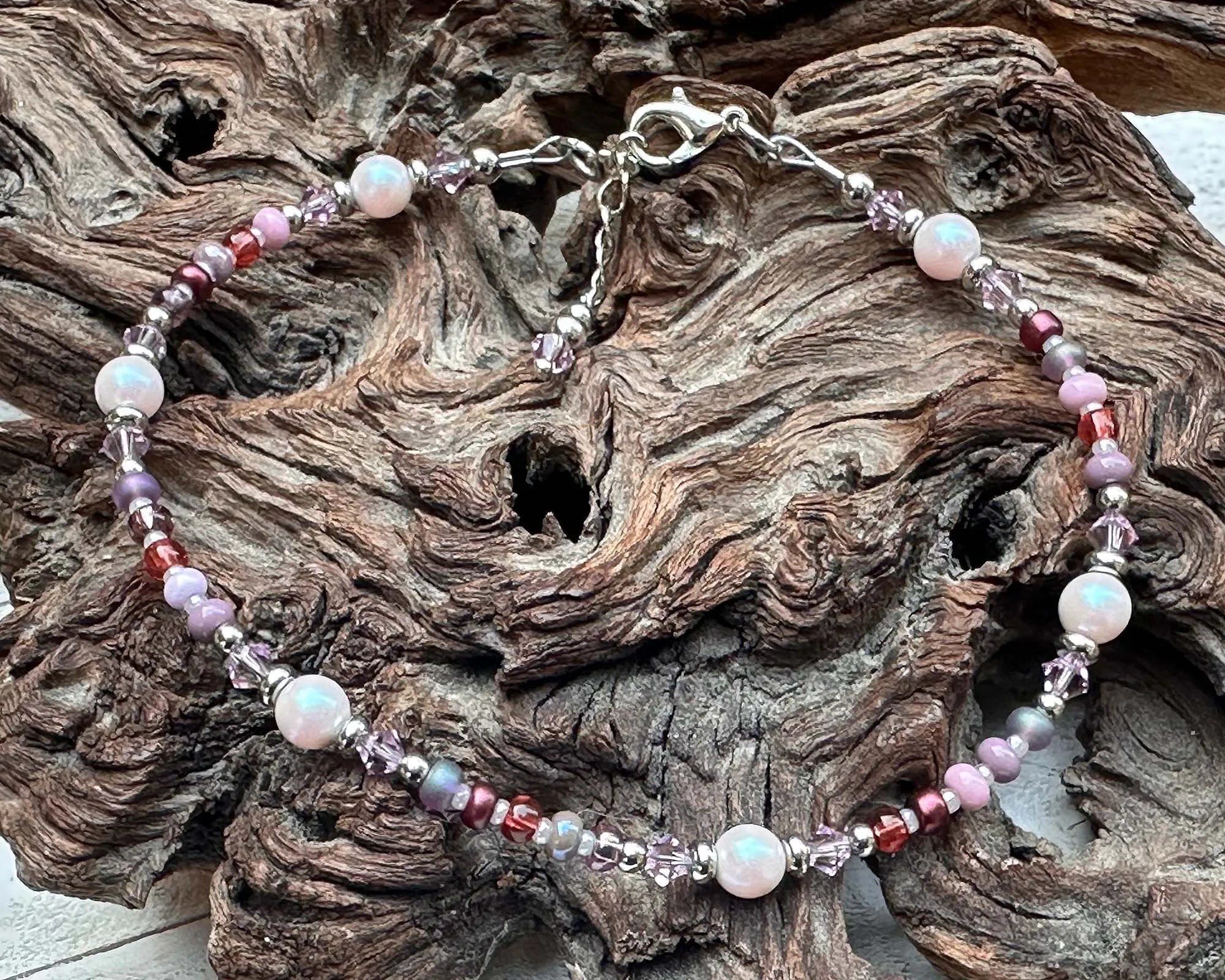 Mauve Pink Pearl Stainless Beaded Anklet