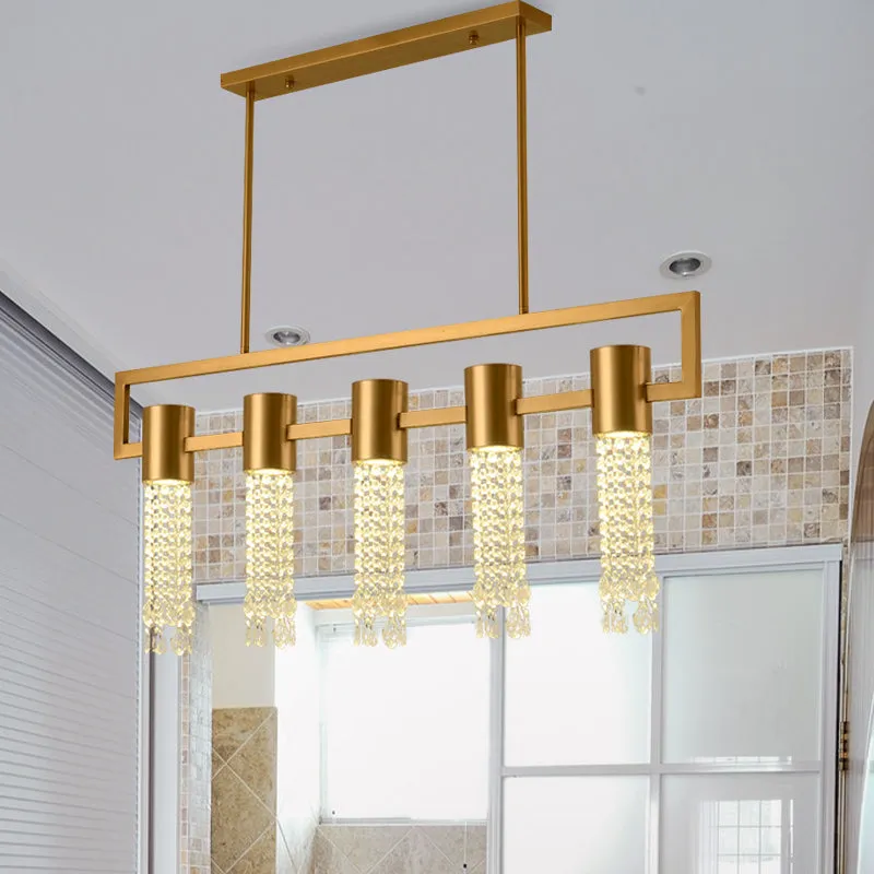 Modern Crystal Draping Brass Island Pendant Lighting Fixture - 15-Light Linear Suspension