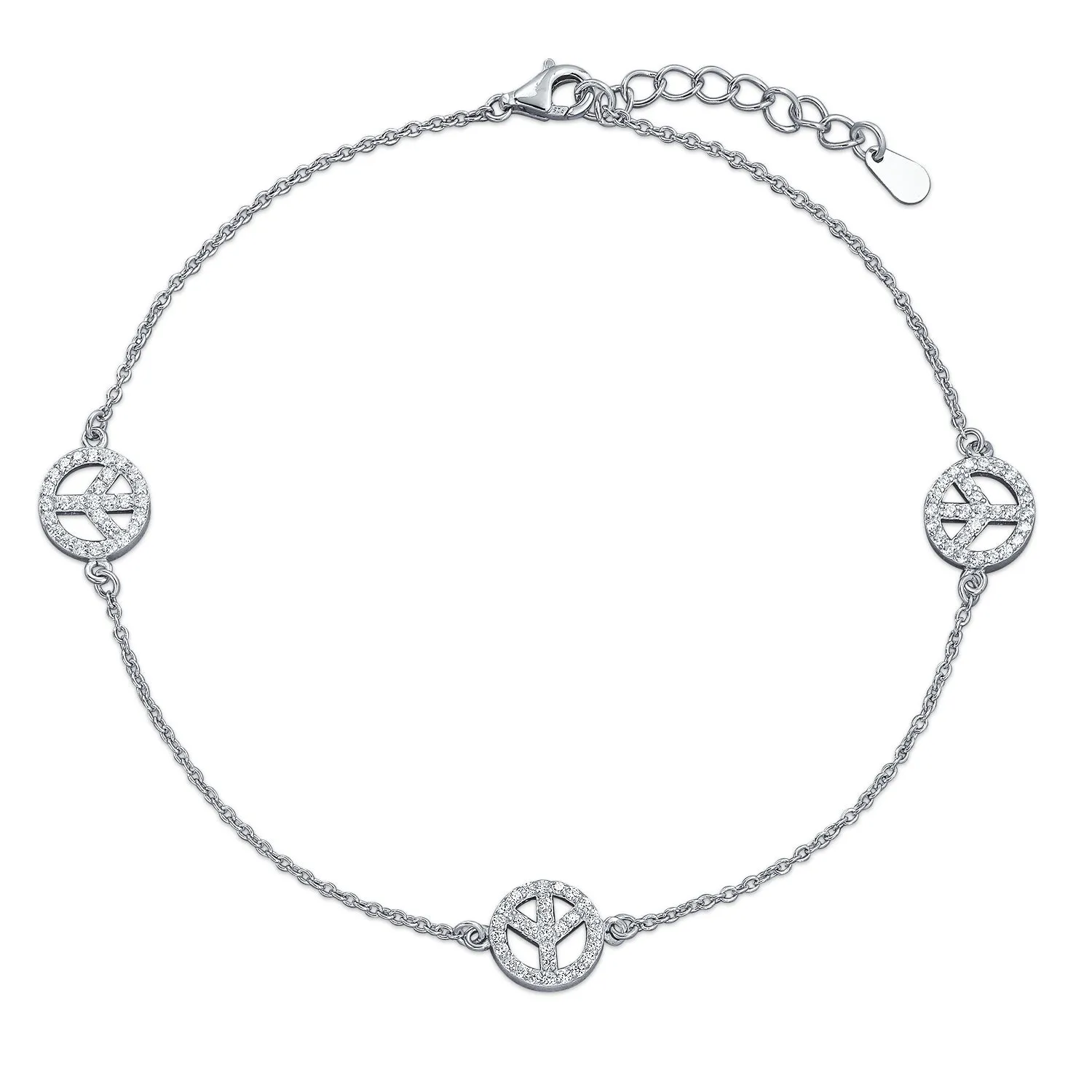 Multi CZ Peace Sign Anklet Ankle Bracelet Sterling Silver 9-10 Inch