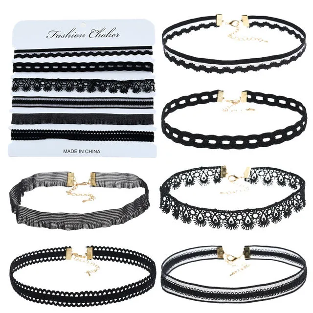 NAIZHU Lace Velvet White Choker Necklace For Women Harajuku Ribbons Collar Necklaces Jewerly 6PC/SET