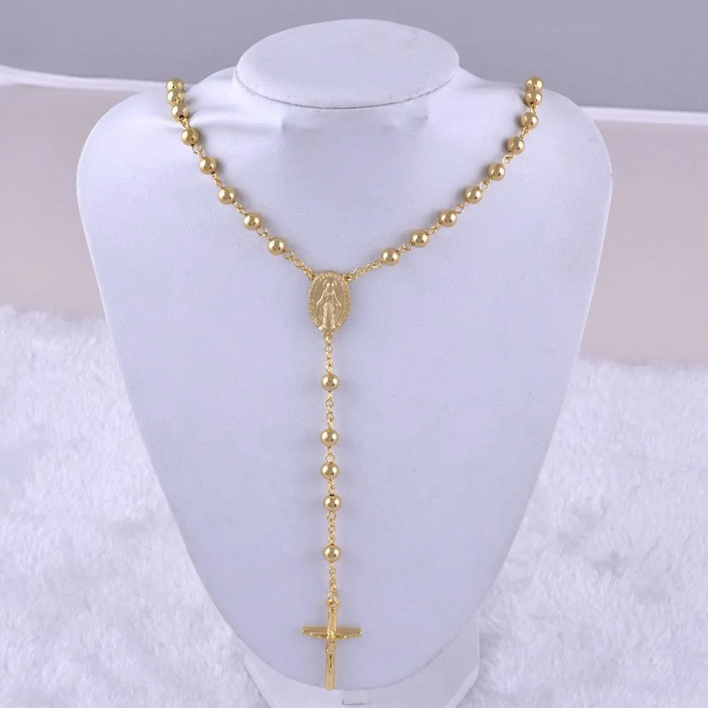 NEW Catholic Goddess Virgen de Guadalupe 6mm beads 18K Gold Plated Rosary Necklace Jewelry Jesus Crucifix Cross Pendant