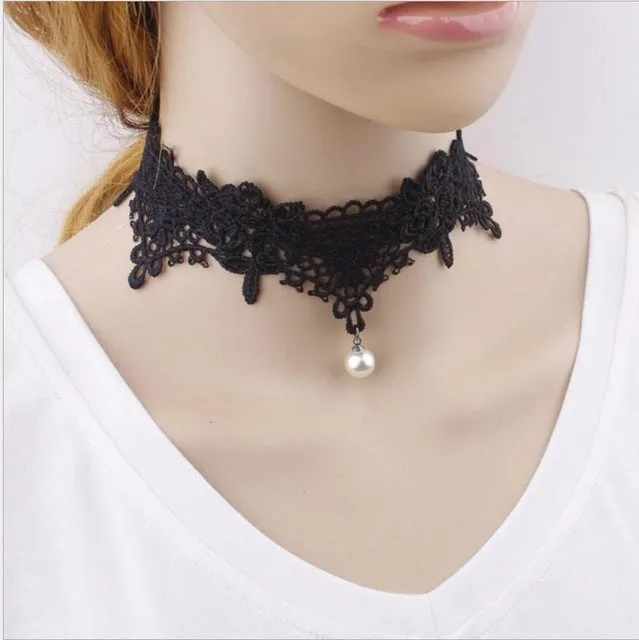 New Fashion Gothic Tattoo Wedding Jewelry White Hollow Out Rose Flower Simulated Pearl Embroidery Lace Choker For Women