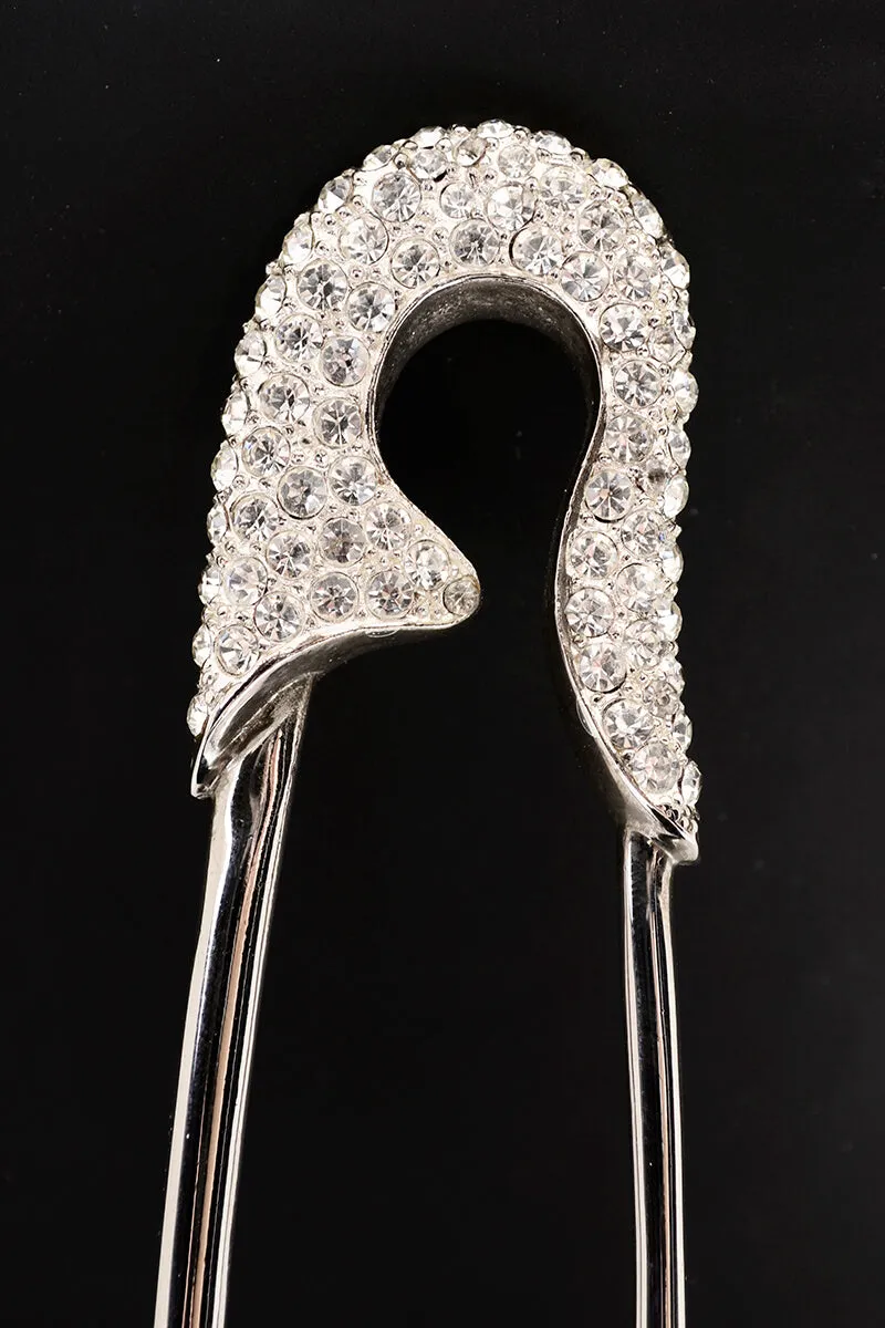 ON HOLD // 1980s Large Silver Safety Pin Novelty Brooch w/ Rhinestone Head