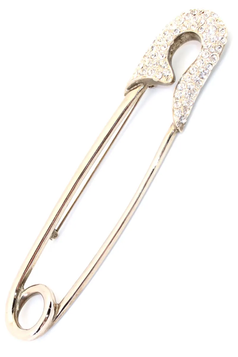 ON HOLD // 1980s Large Silver Safety Pin Novelty Brooch w/ Rhinestone Head