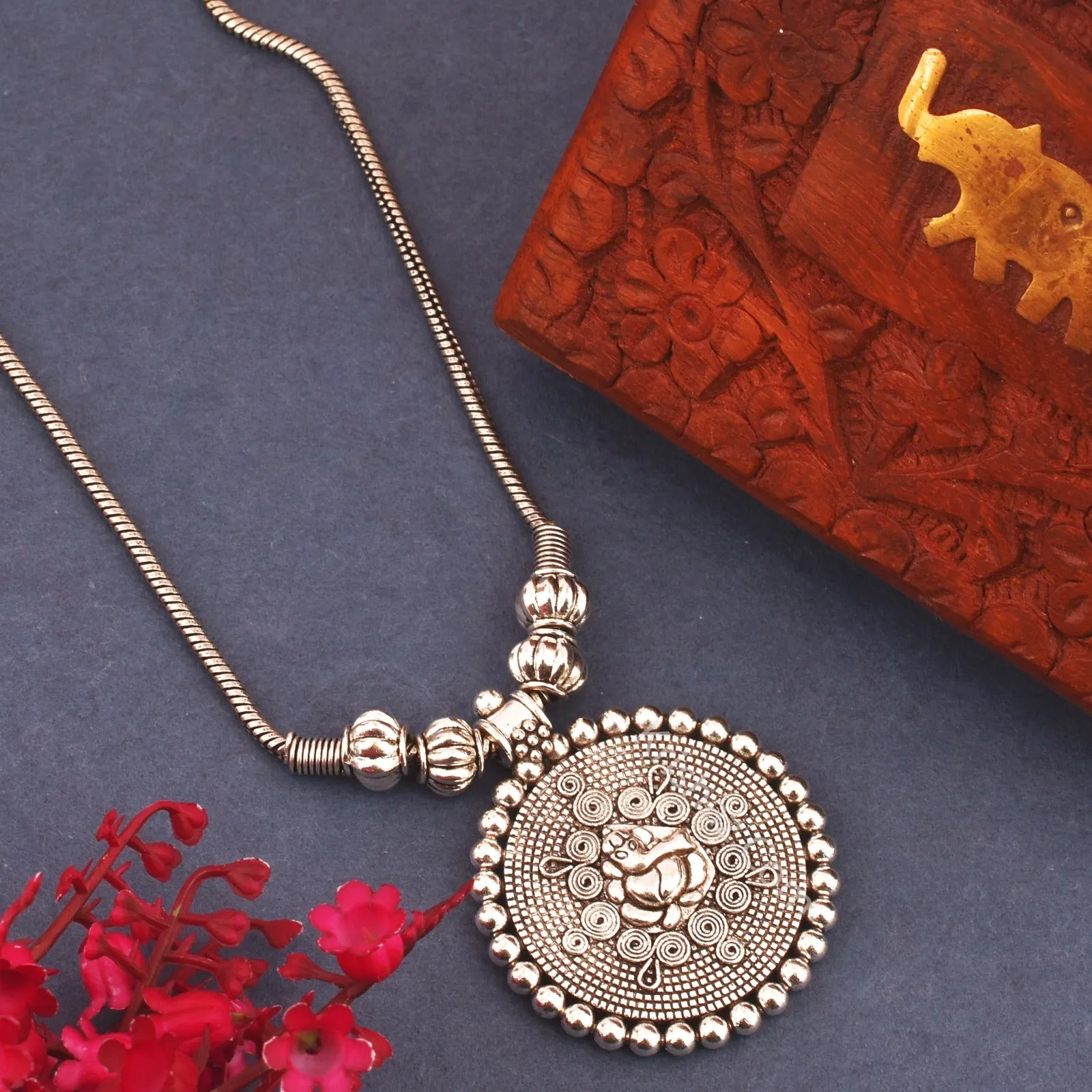 Oxidized Silver Ganesha Pendant Necklace