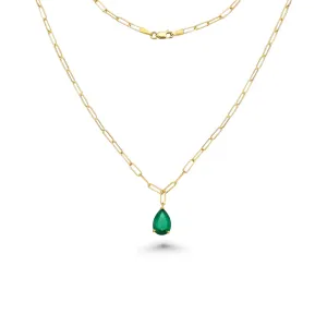 Pear Shape Genuine Emerald Pendant Necklace With Paper Clip Chain in 14K Gold