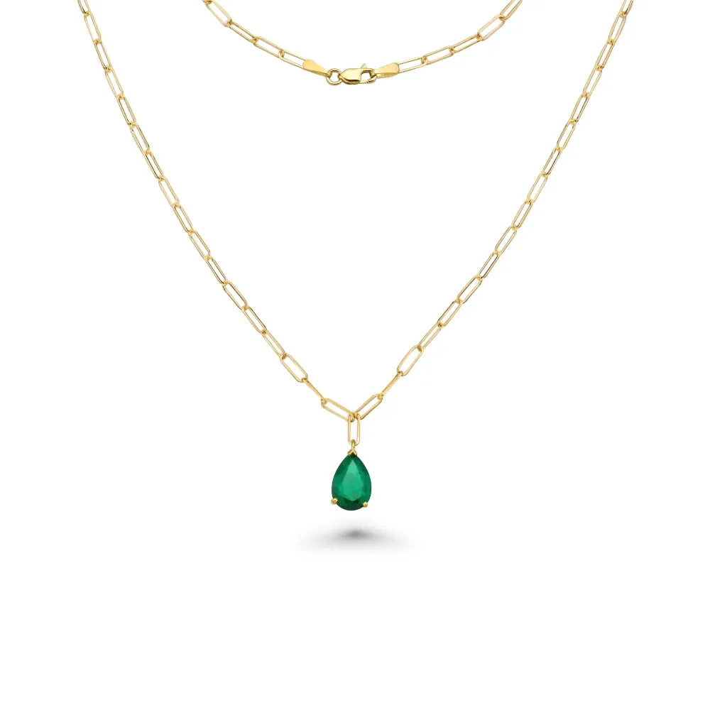 Pear Shape Genuine Emerald Pendant Necklace With Paper Clip Chain in 14K Gold