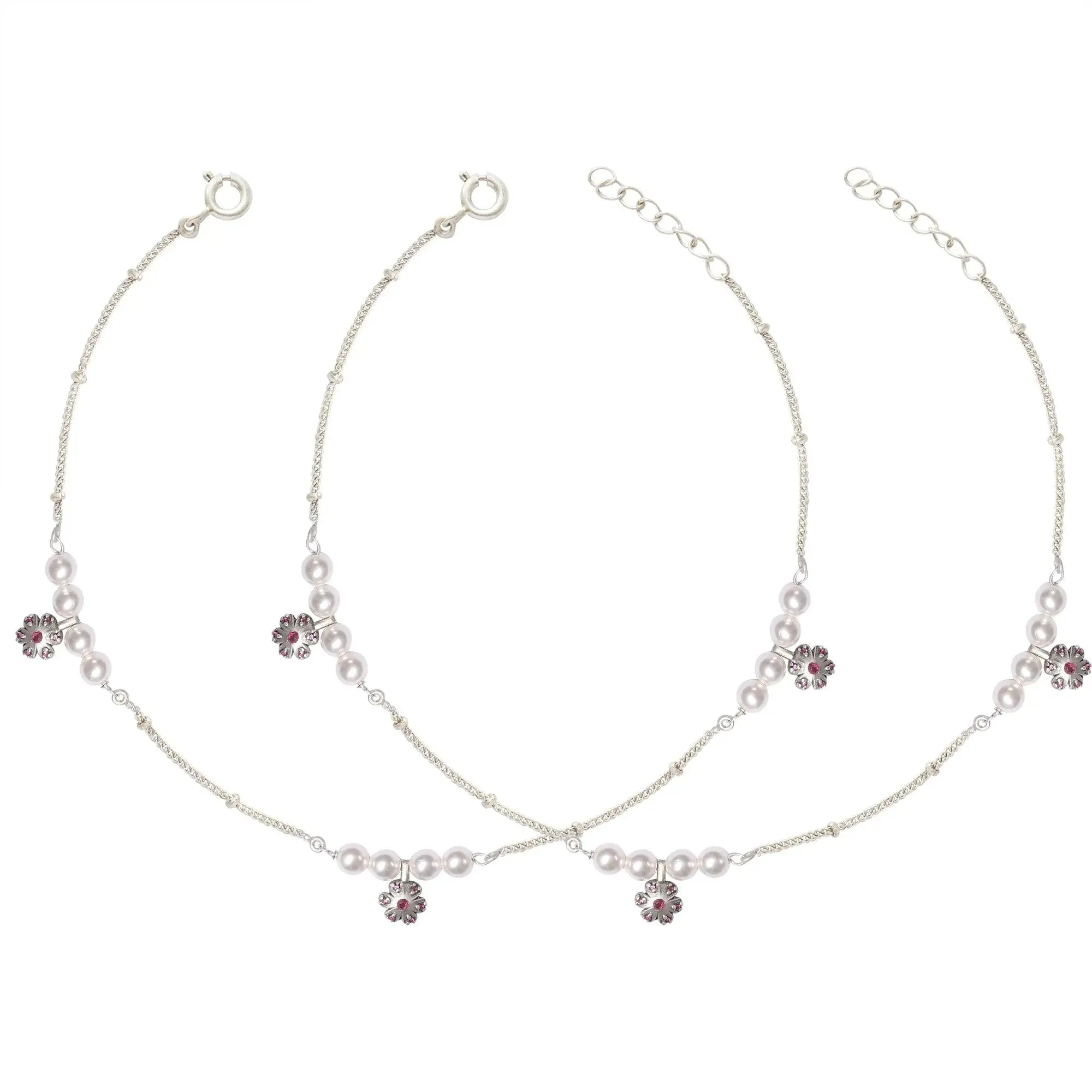 Pearl and Flower Motif Silver Anklet