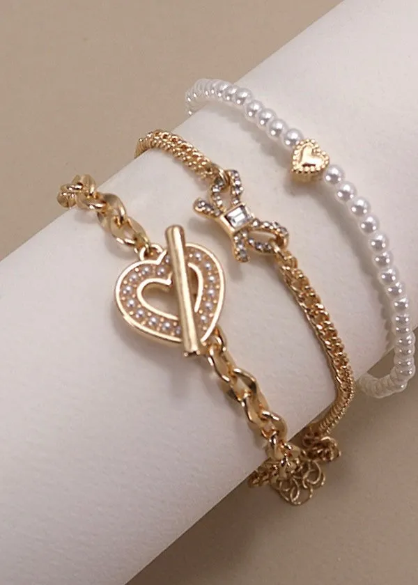 Pearl Girl Bow & Heart Stacked Bracelets