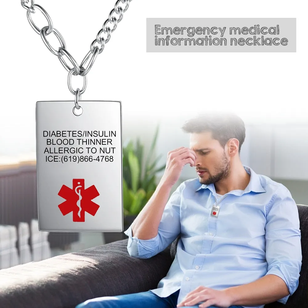 Personalized Engraving Emergency Medical Alert ID Necklace Customized Rectangle Stainless Steel Pendants for Men and Women Jewelry