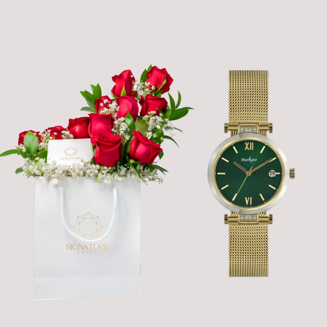 Red Flowers Arrangement with MARKATO Women Watch with Green Dial