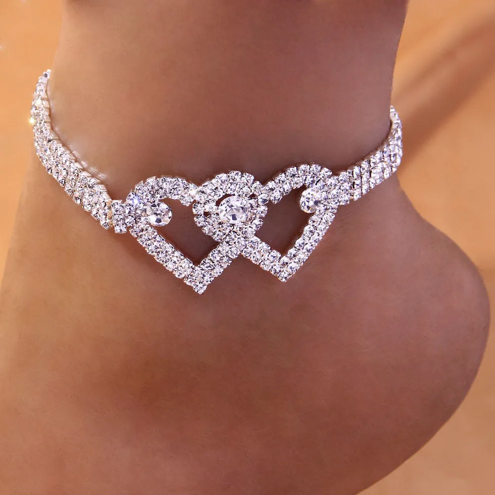 Rhinestone Double Heart Anklet for Women Hollow Out Love Foot Anklet