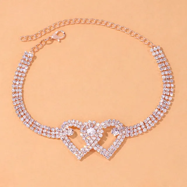 Rhinestone Double Heart Anklet for Women Hollow Out Love Foot Anklet