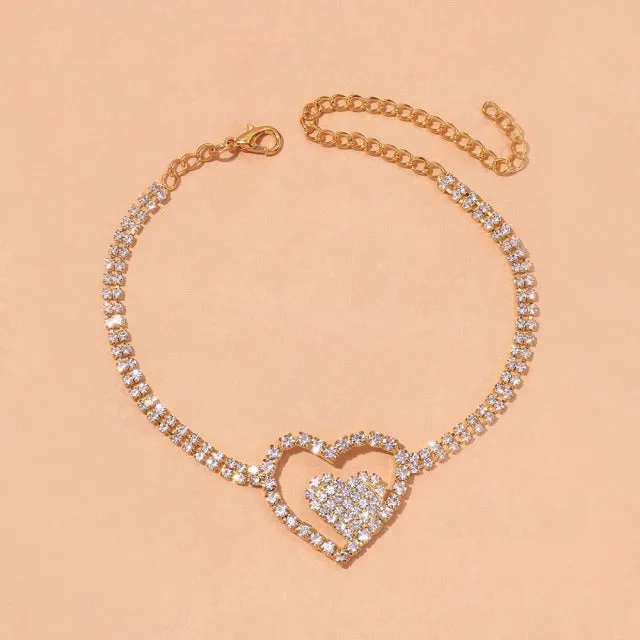 Rhinestone Double Heart Anklet for Women Hollow Out Love Foot Anklet