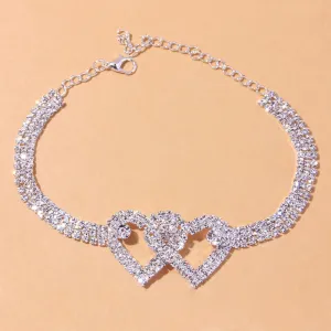 Rhinestone Double Heart Anklet for Women Hollow Out Love Foot Anklet