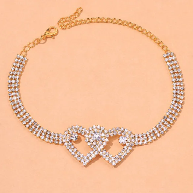 Rhinestone Double Heart Anklet for Women Hollow Out Love Foot Anklet