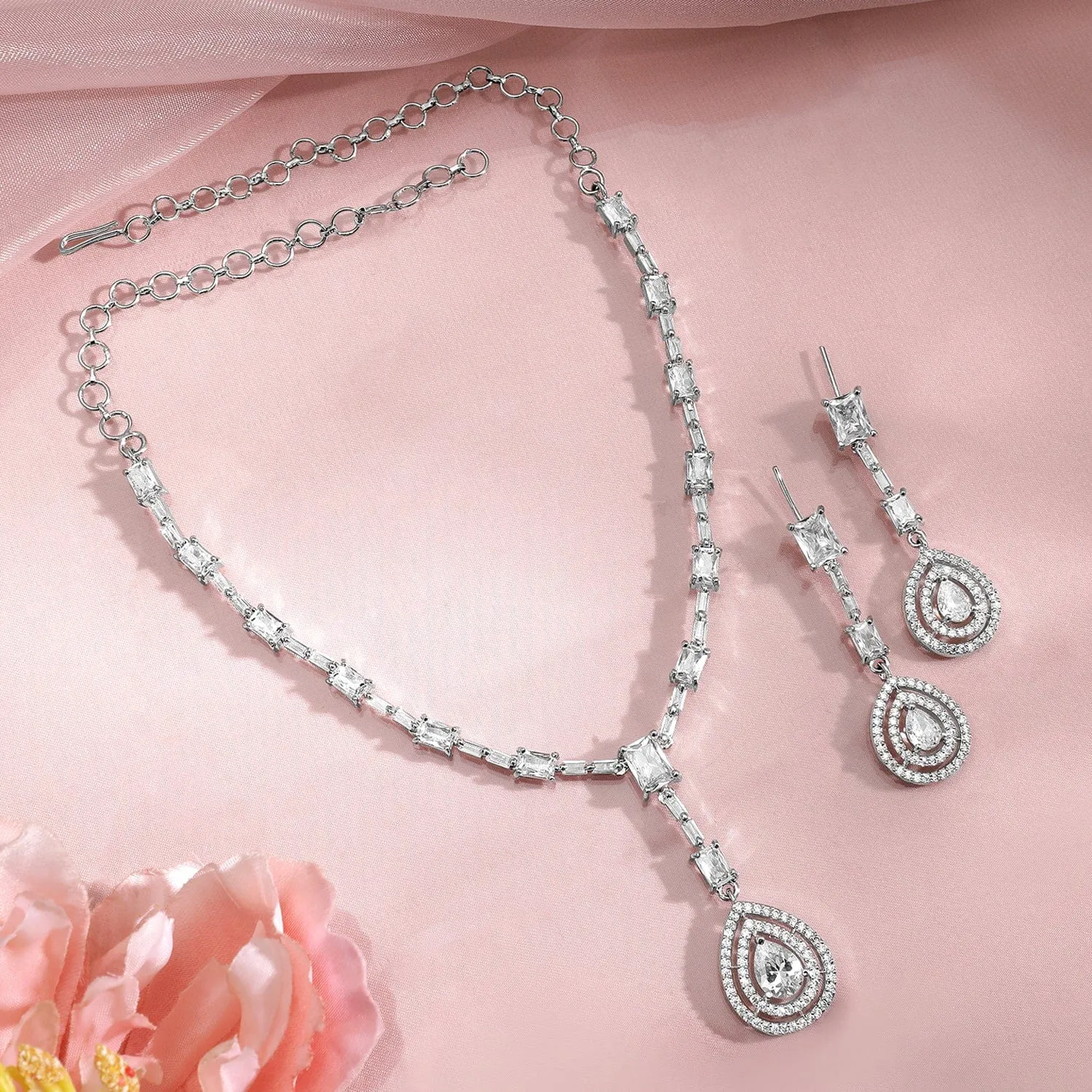 Rhodium Plated AD & Cubic Zirconia Studded Necklace Set with Teardrop Pendants