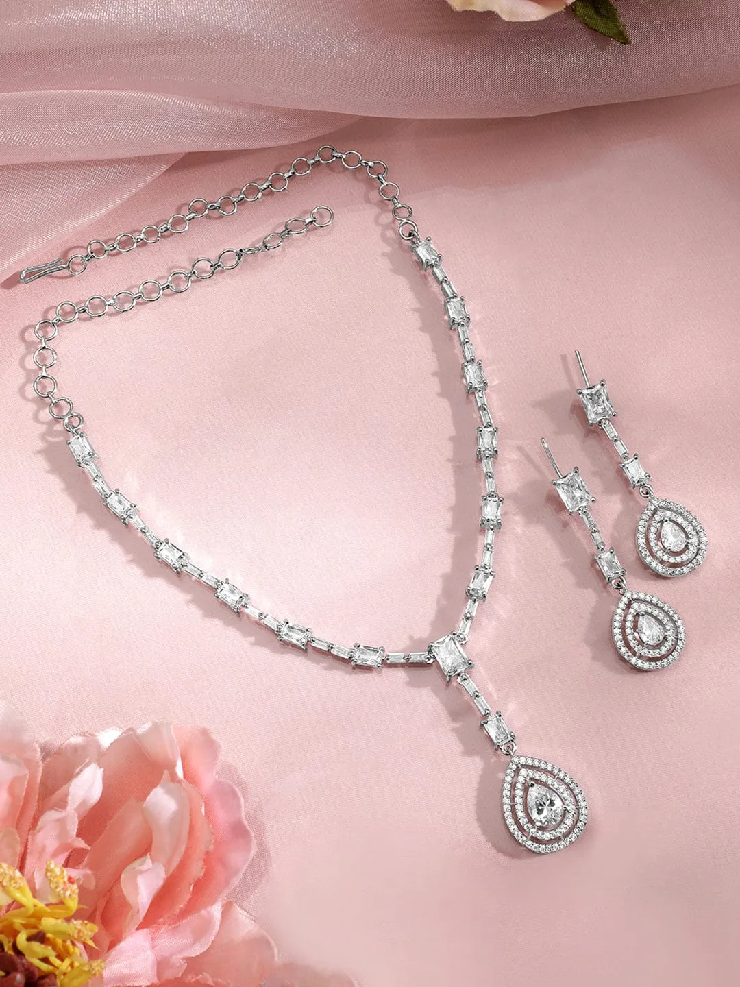 Rhodium Plated AD & Cubic Zirconia Studded Necklace Set with Teardrop Pendants