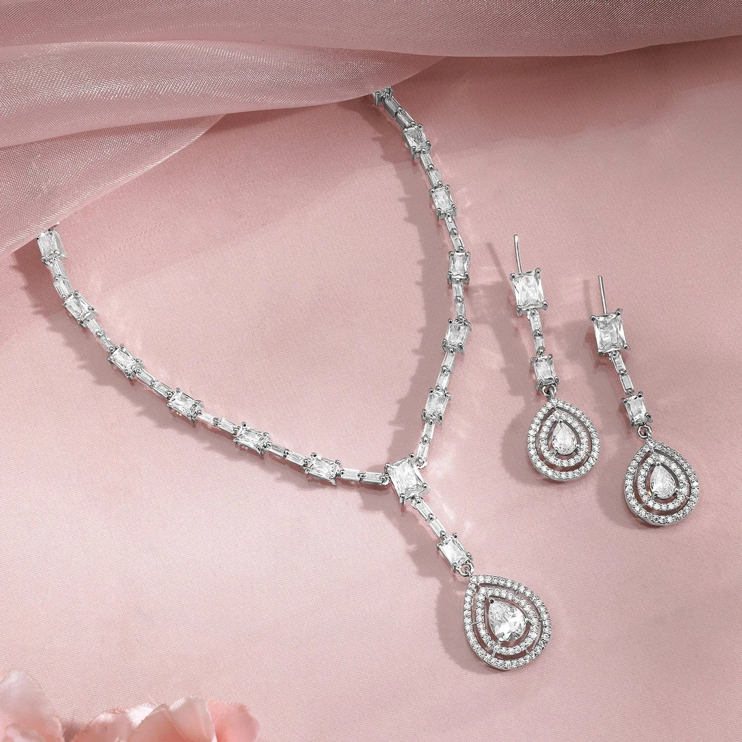 Rhodium Plated AD & Cubic Zirconia Studded Necklace Set with Teardrop Pendants