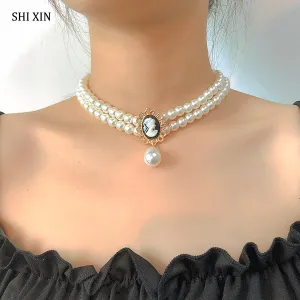 SHIXIN Layered Short Pearl Choker Necklace for Women White Beads Necklace Wedding Jewelry on Neck Lady Pearl Choker Collar Gifts