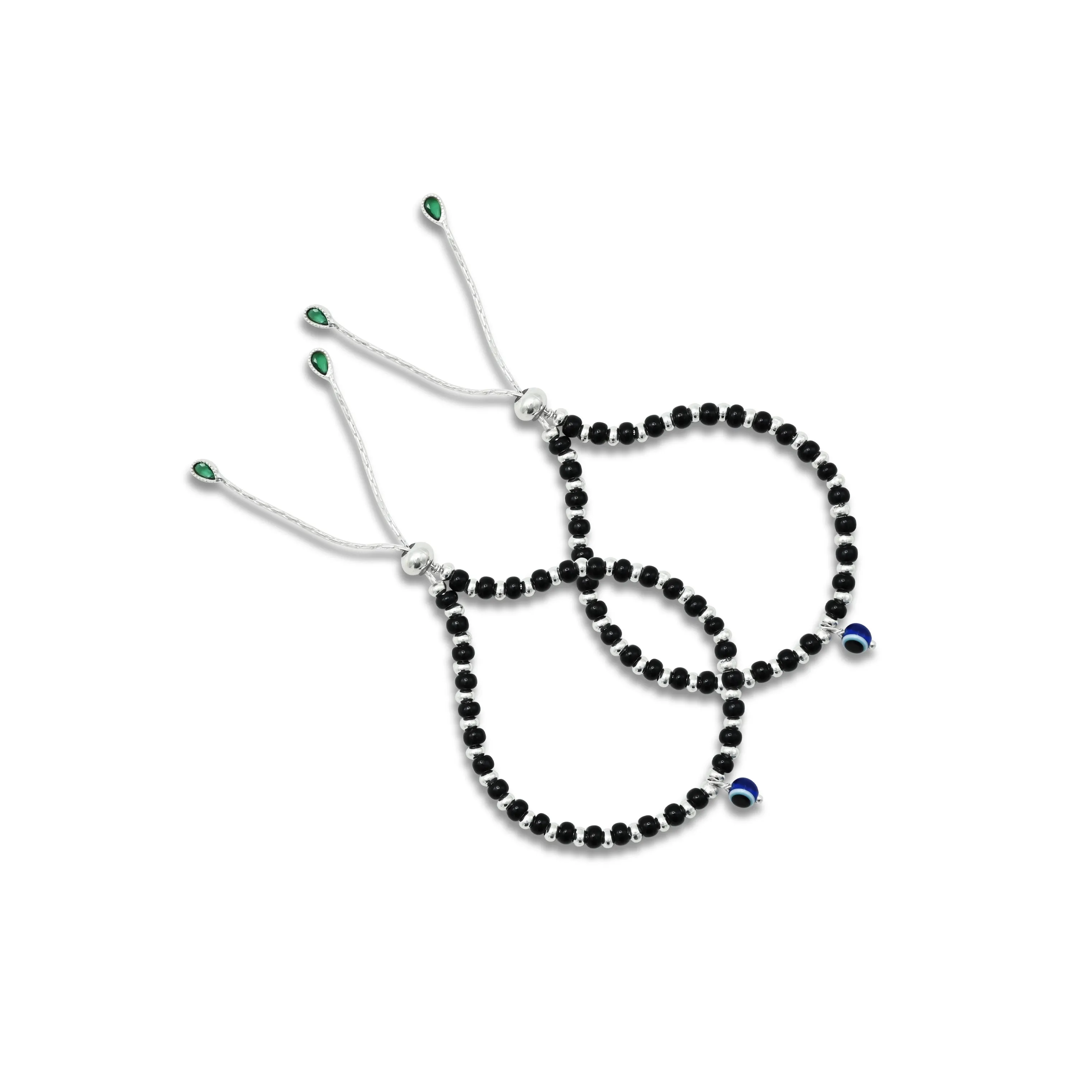 Silver Center Evil Eye with Black and Silver Beads Anklet for Girls