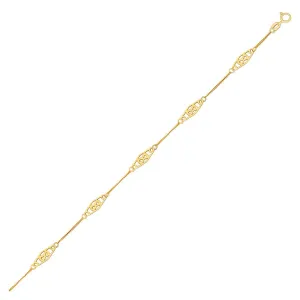 Size: 10'' - 14k Yellow Gold Anklet with Fancy Diamond Shape Filigree Stations