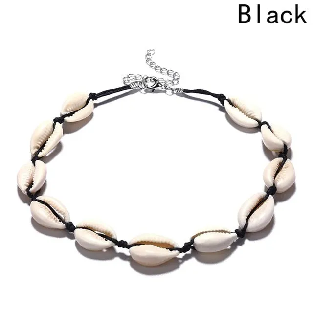 SMJEL New Fashion Black Rope Chain Natural Seashell Choker Necklace Collar Shell Choker Necklaces for Summer Beach Gift