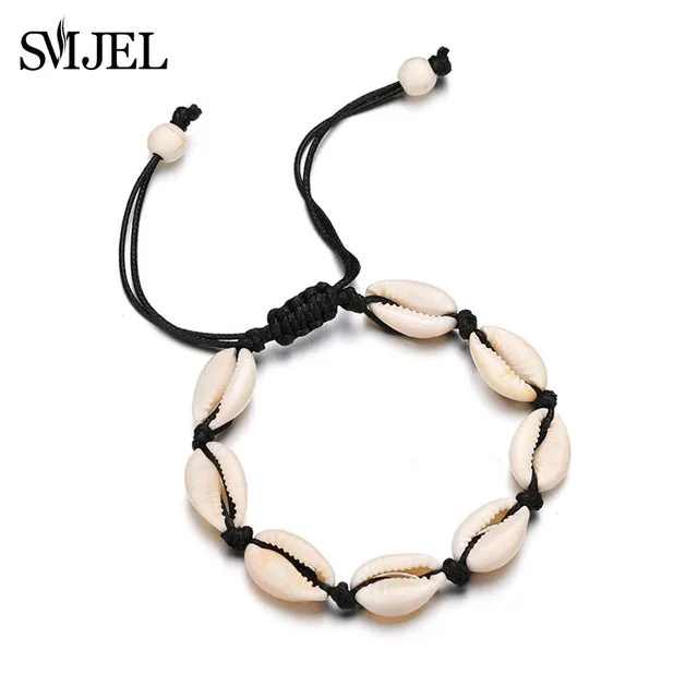 SMJEL New Fashion Black Rope Chain Natural Seashell Choker Necklace Collar Shell Choker Necklaces for Summer Beach Gift