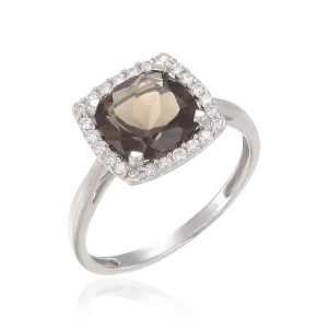 Sophisticated Luscious Natural Smoky Quartz Ring with Halo