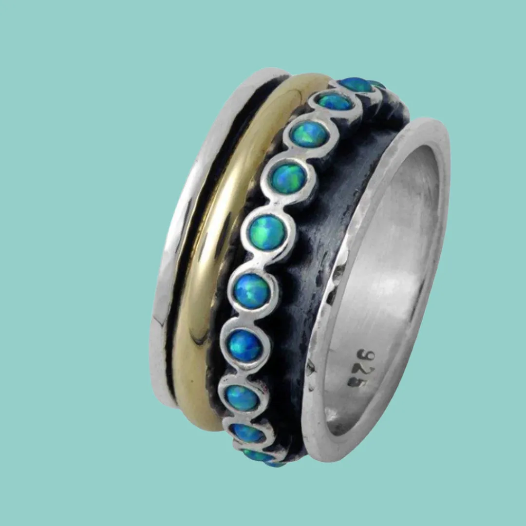 Spinner Ring for Woman - Unisex Fidget ring - Silver Gold Zircons / blue opals- All Sizes Spinner Ring