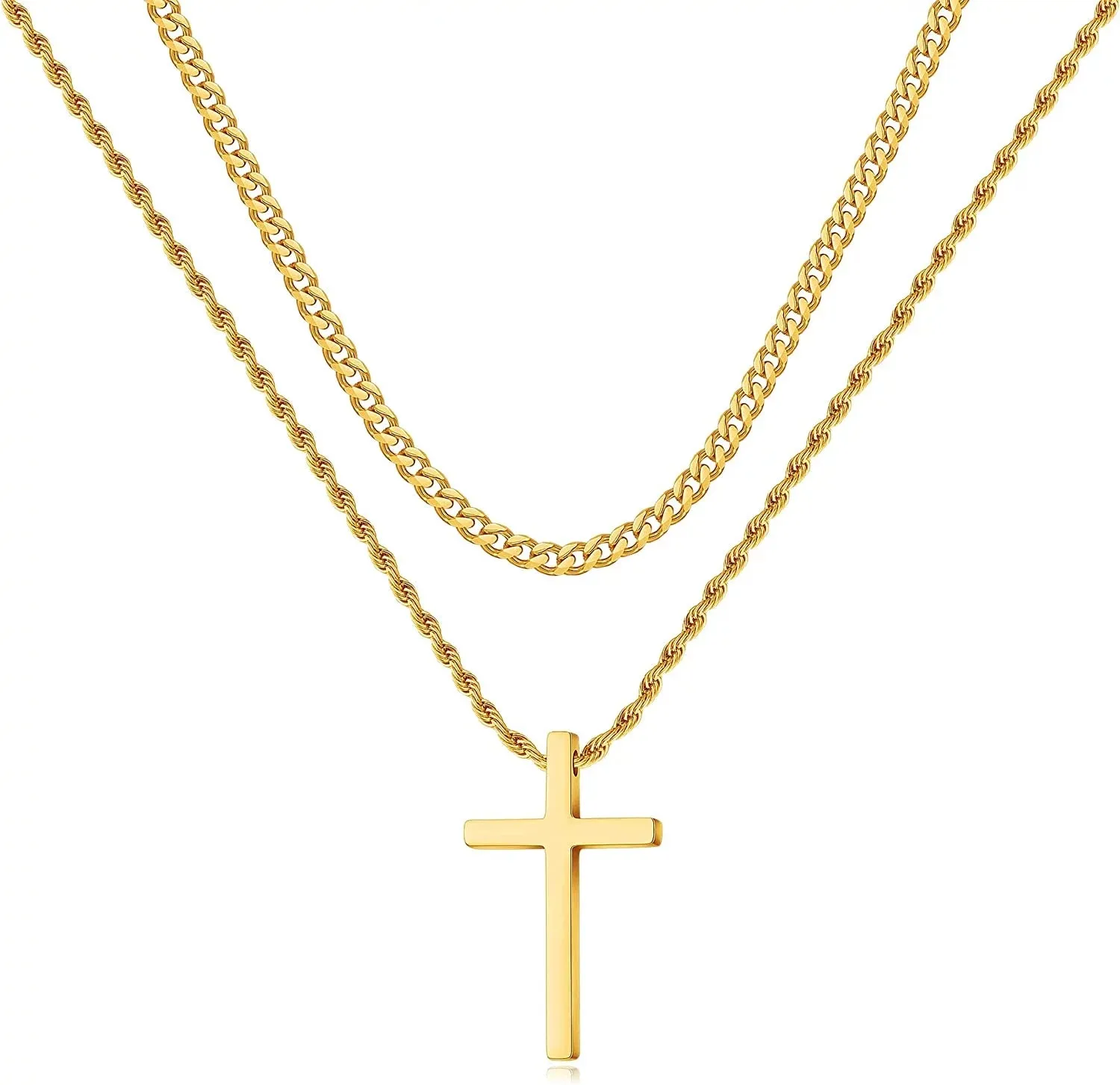 Stainless Steel Cross Necklace for Men, Layered Cuban Link & Rope Chains, Black, Silver, Gold Cross Pendant, 16-26 Inches.